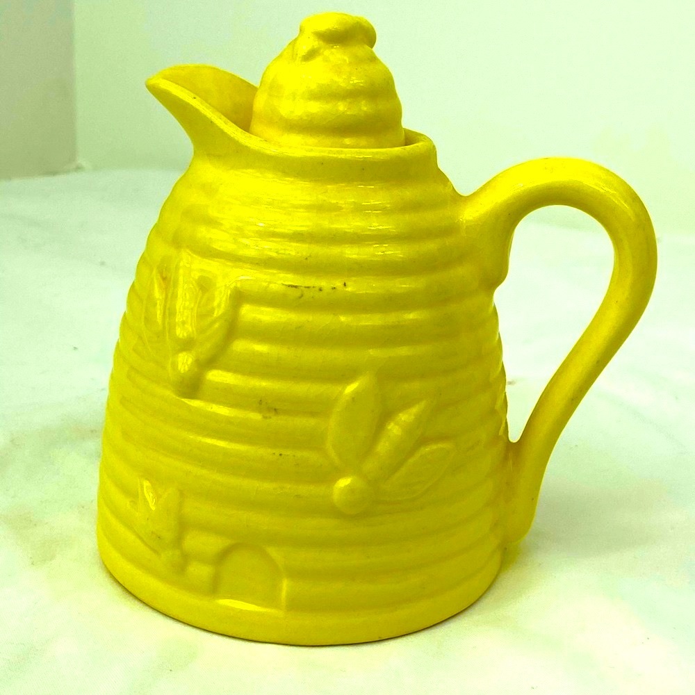 Vintage USA Pottery Yellow Hive Style Honey/Syrup Pitcher